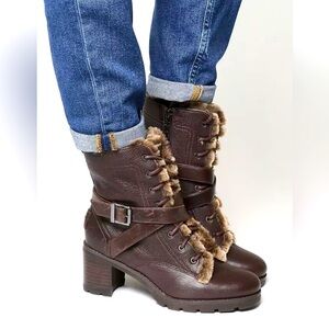 UGG Ingrid Stout Brown Leather Sheepskin Chunky Block Heel Boots Size 7.5 GUC